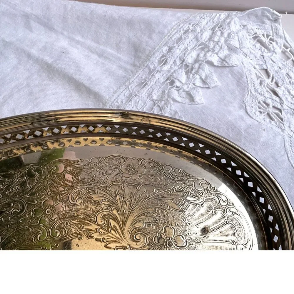 Sheffield Silver Co Vintage oval etched tray pierced sides beautiful